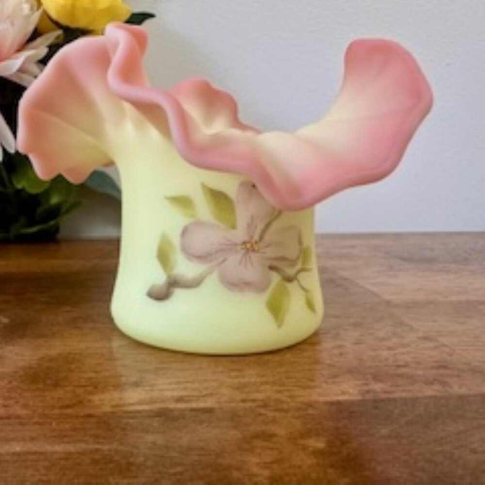 Fenton Burmese Uranium Glass Ruffled‎ Vase Signed S Walsh Hand Painted Floral